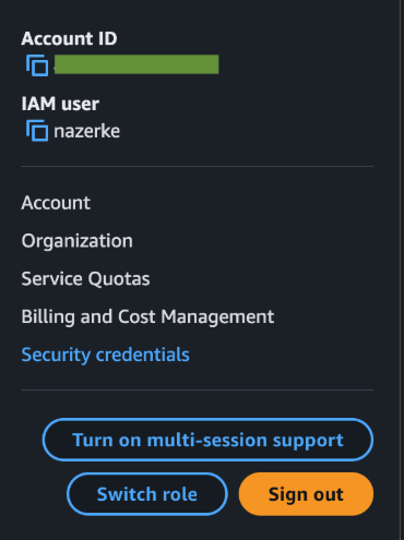 AWS Security Credentials Menu